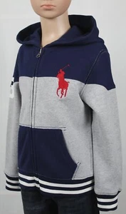 Polo Ralph Lauren Kinder grau marineblau gestreift Big Pony Hoodie neu mit Etikett - Bild 1 von 1