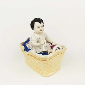 Antiguo 1880 Carenados Baratija Joyería Caja Porcelana Bebé Con Juguete Payaso Alemán - Imagen 1 de 5