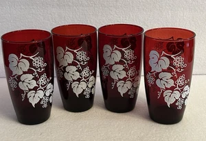 Vintage Ruby Red Glass Beverage Glasses Tumblers White Grapevines Ivy -Set of 4 - Picture 1 of 5