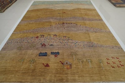 10x14 ft Brown Gray Gabbeh Afghan Hand Knotted Wool Tribal Landscape Rug - Image 1 of 4