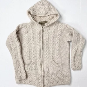 Inis Crafts Merinowolle Zopfmuster Pullover Damen L beige Strickjacke Kapuze - Bild 1 von 6