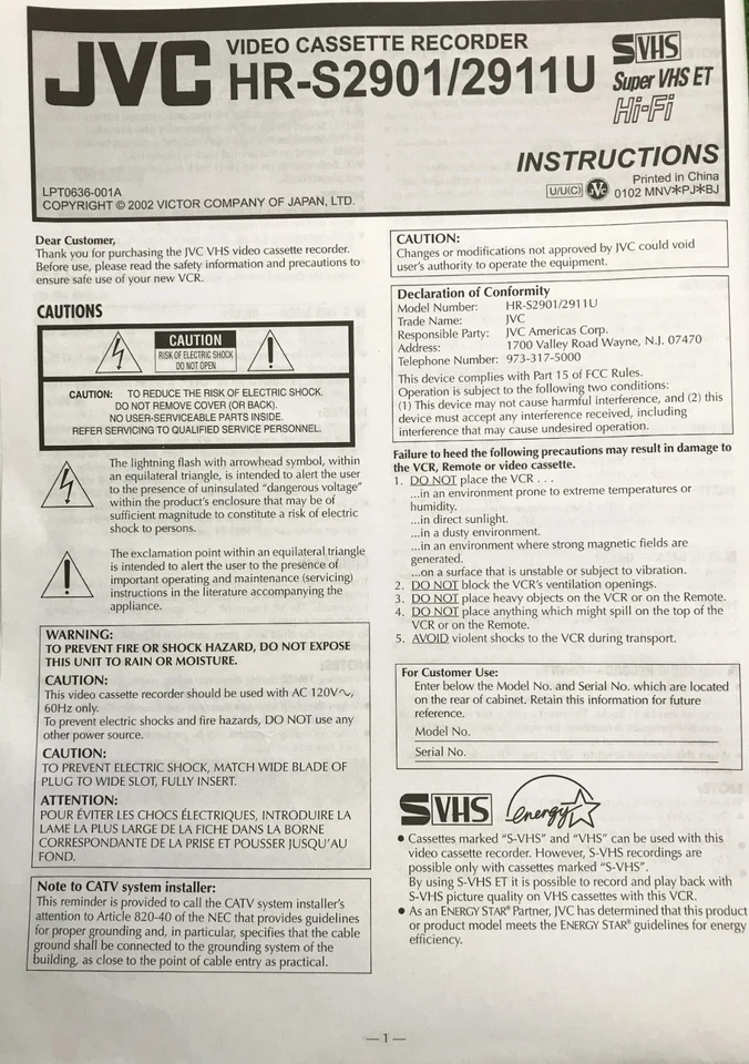 JVC HR-S2901/2911U VHS VCR INSTRUCTION MANUAL - Image 1 of 1