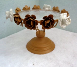 Vintage Gold Iron Cake Stand Metal Flowers White Ceramic Rose Trim Glass Plate - Picture 1 of 3