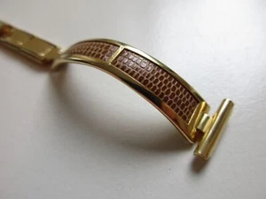 Gold plated S/S & BROWN Lizard leather 14 MM vintage watch band bracelet - Picture 1 of 6