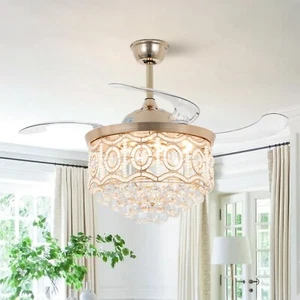 42"Gold Crystal Invisible Ceiling Fan Light LED 3-Color Change Remote Chandelier - Picture 1 of 18