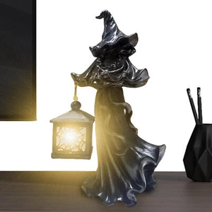 Faceless Ghost Sculpture Cracker Barrel Black Resin Witch with Lantern Statue - Picture 1 of 9