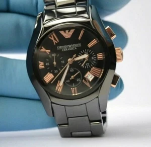 NEW GENUINE EMPORIO ARMANI AR1410 CERAMIC BLACK AND ROSE GOLD MENS WATCH UK - Picture 1 of 6