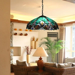Tiffany Style Blue Stained Glass Pendant Light Flower Dome Shape Hanging Lamp - Picture 1 of 9