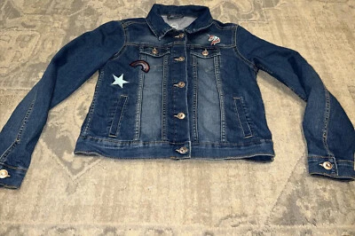Jaqueta jeans feminina Wonder Nation tamanho 10/12 grande bordada unicórnio arco-íris - Imagem 1 de 4
