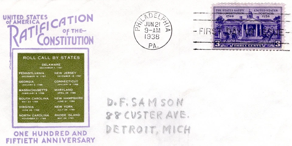 1938 #835 US CONSTITUTION RATIFICATION 150TH ANNIV. IOOR CACHET GEM! - Image 1 of 1