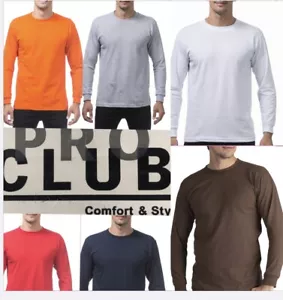 2 PACK PRO CLUB PROCLUB MENS PLAIN LONG SLEEVE COMFORT FIT T SHIRT COTTON TEE - Picture 1 of 10