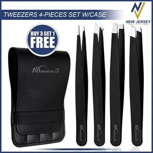 Professional Tweezers Set of 4-Piece Stainless Eyebrow Hair Pluckers + Case - Picture 1 of 7