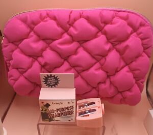 Benefit Cosmetics Bright Pink Puffy Makeup Cosmetic Bag 8x5 + FREE Sharpener 