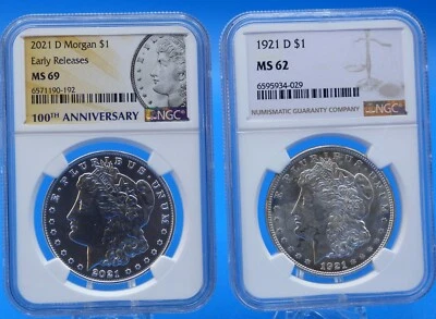 2021 D Morgan Dollar "Early Releases" 1oz Silver NGC MS69 Denver 1921 D NGC MS62 - Image 1 of 2