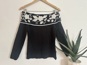 BCBG MAXAZRIA Size Small Black Knit Off The Shoulder Embroidered Top - Picture 1 of 7