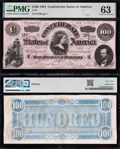 Amazing CHOICE UNC T-65 1864 $100 Confederate "LUCY PICKENS" CSA Note! PMG 63! - Picture 1 of 3