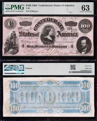Amazing CHOICE UNC T-65 1864 $100 Confederate "LUCY PICKENS" CSA Note! PMG 63! - Image 1 of 3