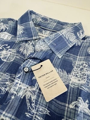 NWT Peter Millar Shoreside Linen Button Down Sport MRTM Blue Mens LARGE $155 - Image 1 of 4