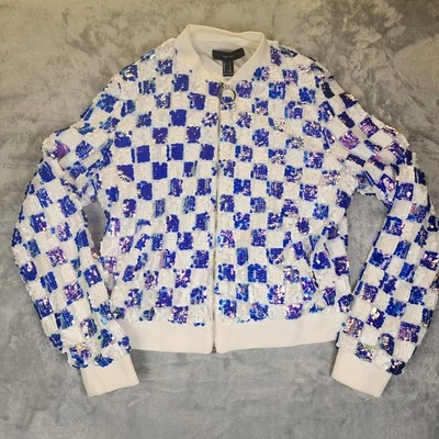 Jaqueta Bomber Forever 21 Lantejoulas Feminina Média Azul e Branca Xadrez - Imagem 1 de 4