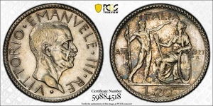 1927 R A. VI Italy Silver 20L 20 Lire KM-69 PCGS AU58 True View - RARE COIN! - Picture 1 of 4