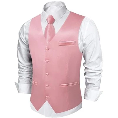 Conjunto de chaleco y corbata de traje para hombre color liso chaleco satinado 3X-grande rosa rubor Foto 1 de 4