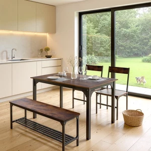 Modern Dining Table &1 Bench & 2 Chairs Set Metal Frame Kitchen Home Grey/Brown - Picture 1 of 14