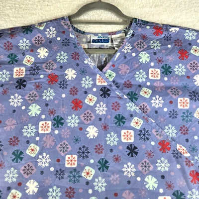 MHD SCRUBS Holiday Scrub Top Size L (14/16) Blue Red White Snowflakes Pockets - Image 1 of 4