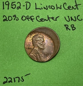 1952-D 1c Wheat Cent Struck 20% Off Center Uncirculated - Picture 1 of 3