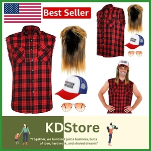 Unisex 70s Disco Costume: Blonde Mullet Wig, Plaid Shirt & Vintage Accessories - Picture 1 of 9