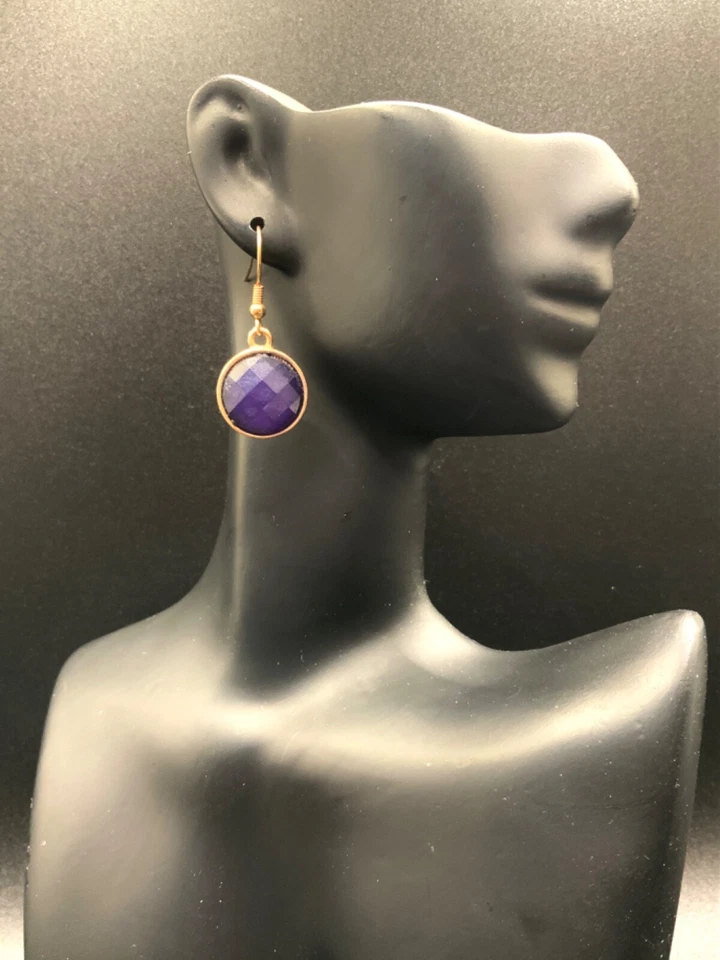 PENDIENTES Gancho Colgante Redondo Amatista Facetada PÚRPURA Simulado Tono Dorado Foto 1 de 4
