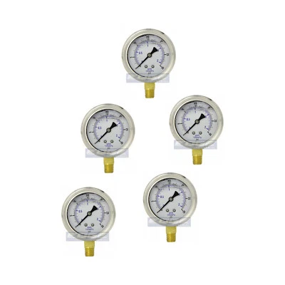 5 PACK LIQUID FILLED PRESSURE GAUGE 0-30 PSI, 2.5" FACE, 1/4" LOWER MOUNT WOG - Image 1 of 4