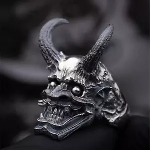 Stainless Steel Men's Ring Skull Horns Dragon Japanese Devil Gothic Biker Ring - Picture 1 of 12