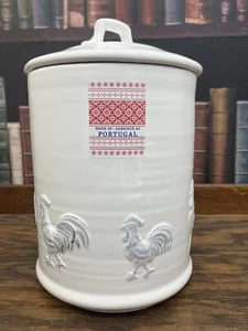 Portugal pottery white glaze roosters w/lid 7 1/4” tall ceramic canister - Picture 1 of 12