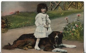 Vtg Postcard - Girl in White Ruffled Dress and Large Dog - Germany - Picture 1 of 2