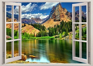 Nature Mountains Waterfall Trees 3D Scene Window Sticker Wall Poster Vinyl 358 - Picture 1 of 1