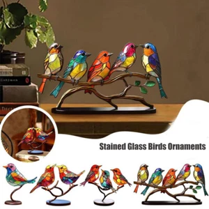 Stained Glass Birds-On-Branch Suncatcher Metal Table Decor Home Ornaments - Picture 1 of 13