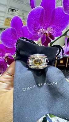 Retired David Yurman 3 Stone Citrine & Garnet Sterling Silver/14K Wide Ring. - Image 1 of 4