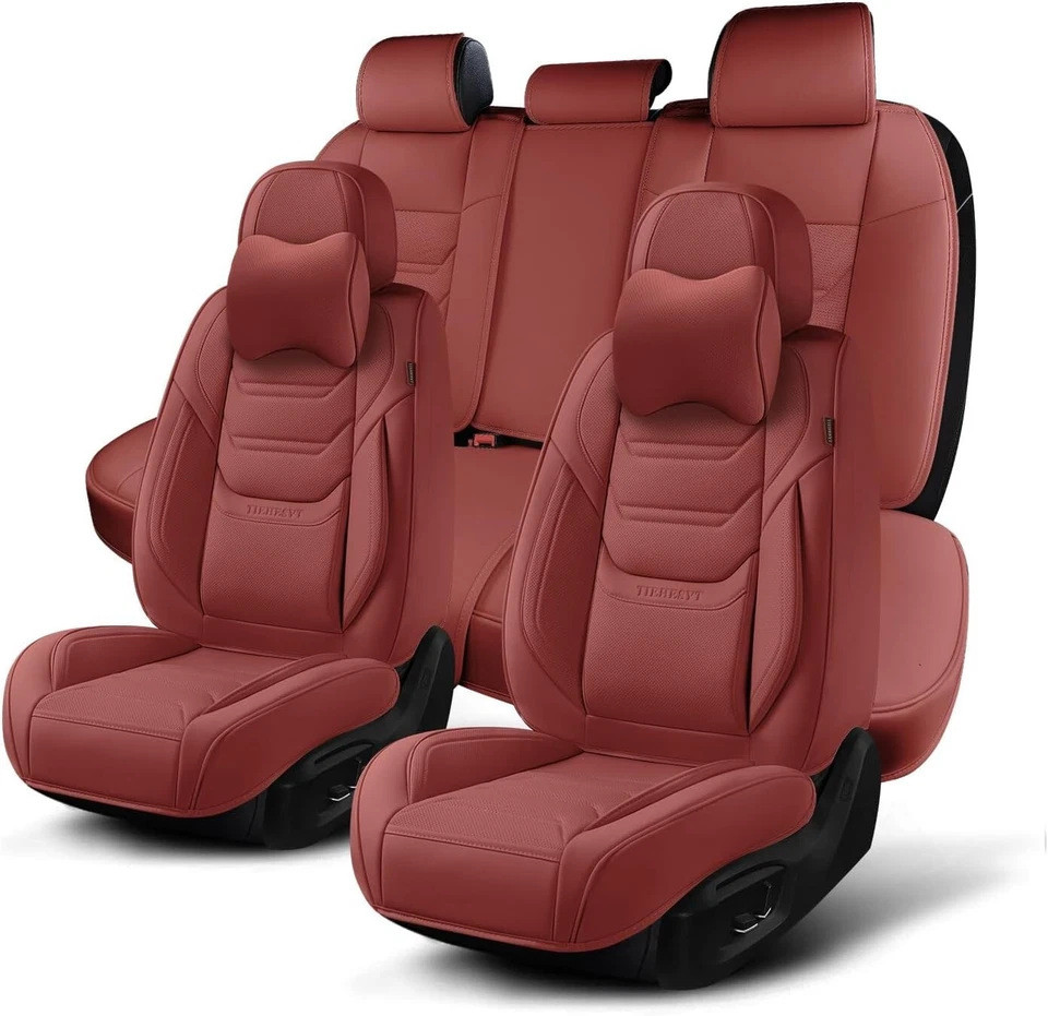Wine Red Car Seat Covers Full Set, Breathable Leather Automotive Front and Re... - Image 1 of 4