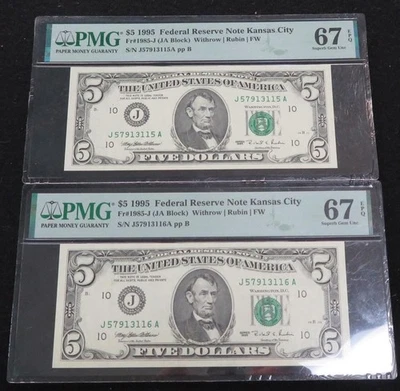 2x 1995 $5 Federal Reserve Note PMG 67 Superb Gem EPQ Consecutive Notes - Image 1 of 4