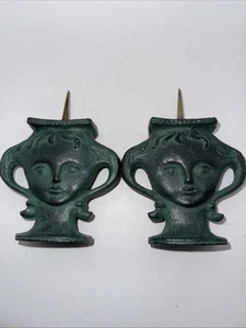 Vtg Anthropomorphic Japan Cast Iron Bronze Patina Double Sided Candle Holder Set - Picture 1 of 9