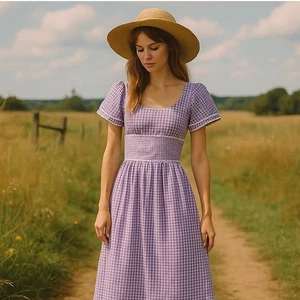 Vintage 70er lila Gingham Maxikleid Prärie Cottagecore Spitzenbesatz Flatterärmel - Bild 1 von 17
