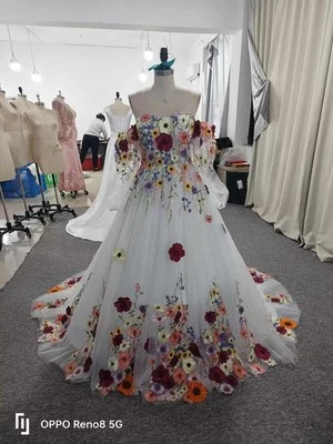 Vestido de novia champán manga hinchada correa colorido 3D flor línea A vestido de novia Foto 1 de 4