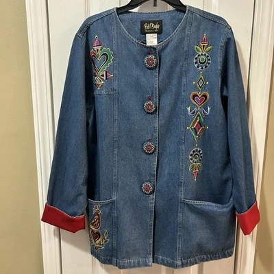 Chaqueta Denim Arte Usable Bob Mackie Colorido Bordado Grande Artística Funky Años 90 Foto 1 de 4