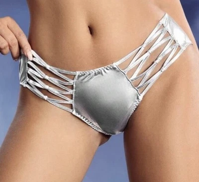 Y2K панк блестящий серебряный крест с ремешками стороны бикини трусики XL новый - Изображение 1 из 4