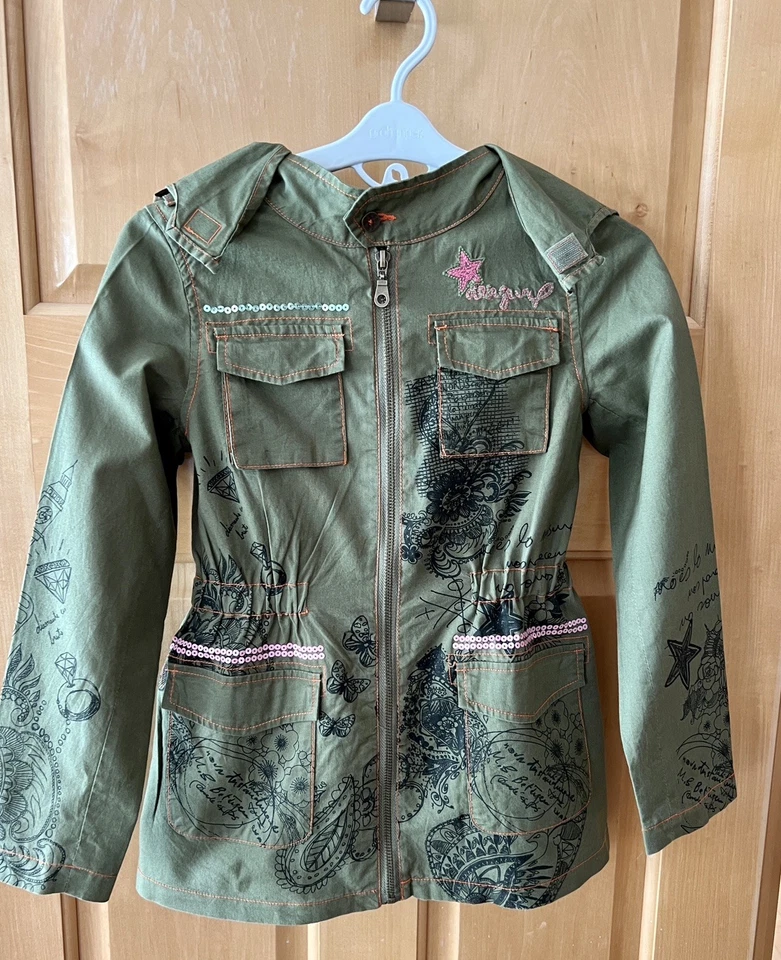 Kids Desigual Sz 9/10 Olive Green Cotton Jacket W/Hidden Hood Hip Length Fashion - Image 1 of 4