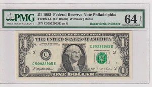 *RADAR* Fr 1921-C 1995 $1 FRN C50922905E PMG 64EPQ PHILADELPHIA GREEN SEAL FANCY - Picture 1 of 2