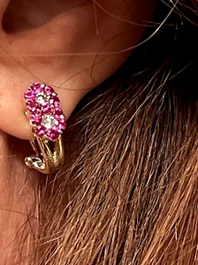 VINTAGE ESTATE 14K GOLD RED RUBY & DIAMOND EARRINGS FLOWERS OMEGA SIGNED MRB - Picture 1 of 20