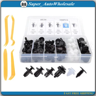 100X Bumper Clips Auto Car Hole Plastic Rivets Fastener Fender Push Pin + 4Tools - Image 1 of 4