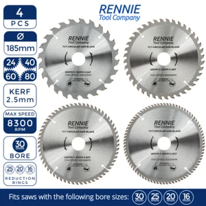 Paquete de 4 hojas de sierra circulares para madera 185 mm x 24T 40T 60T 80 TCT Bosch Makita Dewalt - Imagen 1 de 10