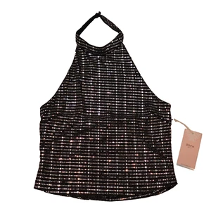 Neu mit Etikett Blashe Pailletten glitzerndes Neckholder-Top Large schwarz silber Festival Club Konzert - Bild 1 von 20